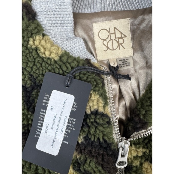 Chaser Camo Faux Fur Teddy Bomber Jacket Women's S Zip Up Sherpa Cozy - Picture 2 of 8